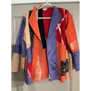 Lemon Grass Multicolor Patch Suede Jacket Open Front 2 pockets Sz L NWT